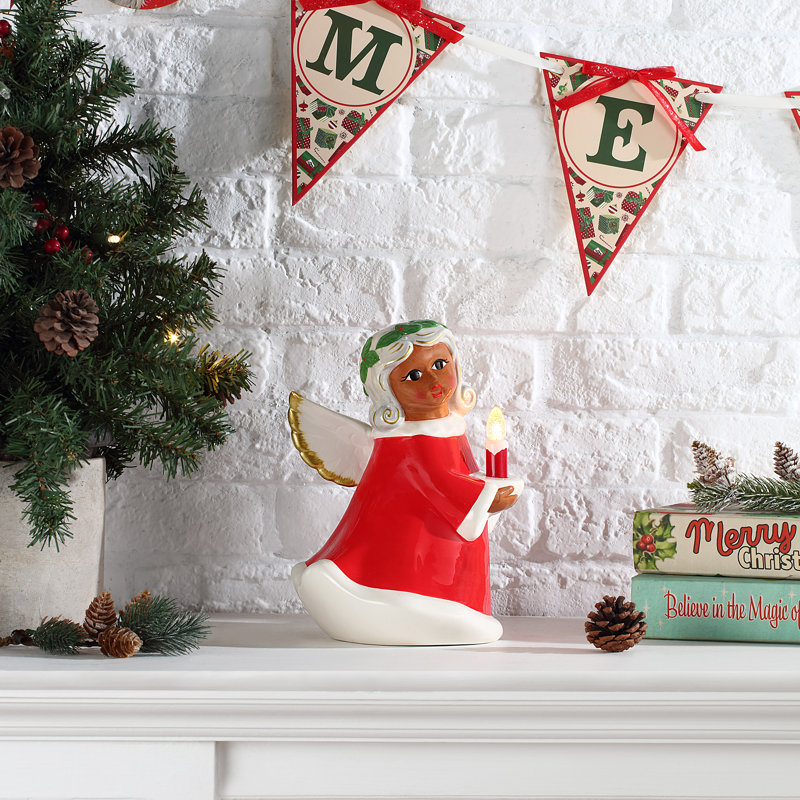 9" Nostalgic Ceramic Lit Angel, Red/Brown