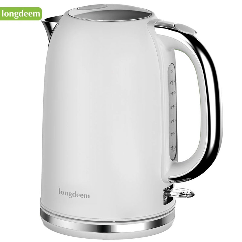 Bouilloire électrique de 1,7 L Longdeem: 1500 W, ébullition rapide, arrêt automatique, acier inoxydable, blanc, Blanc