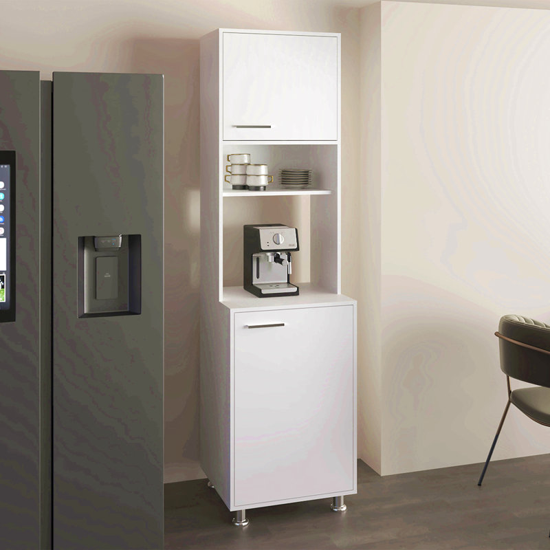Armoire de cuisine avec deux portes, tablette centrale ouverte et rangement supérieur, blanc
