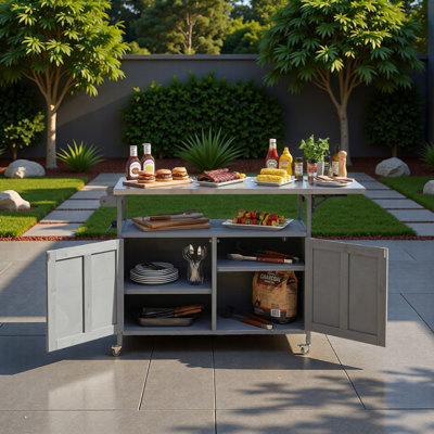 Foldable Outdoor Kitchen Island With Stainless Steel Worktop, Lockable Wheels, Storage Cabinet, Towel Rack And Two-Tier Spice