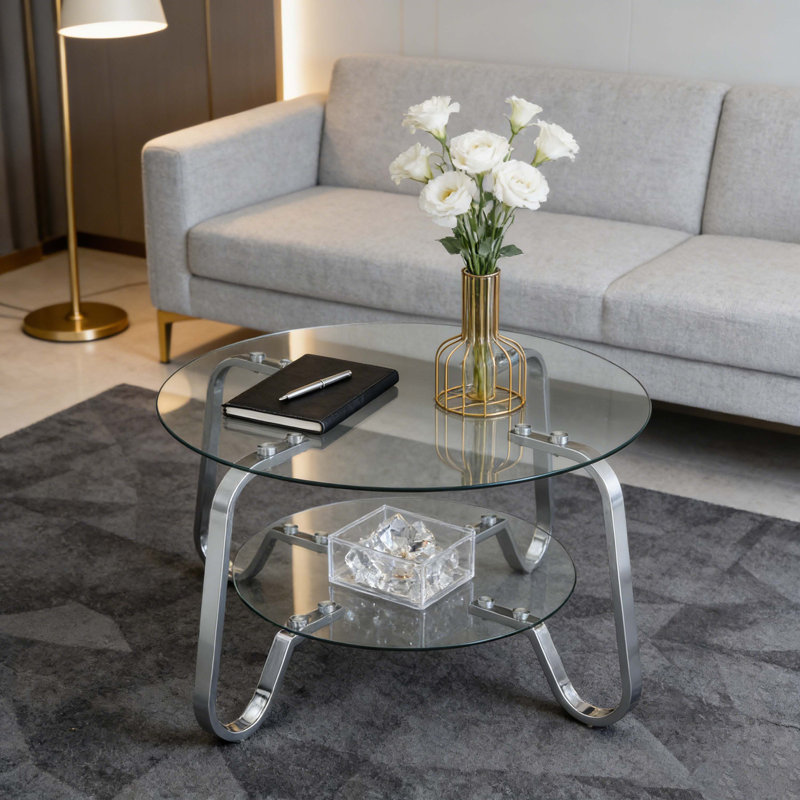 Table basse en verre trempé à double couche avec structure en métal, taille 31,5 * 31,5 * 17,7 pouces, ajoutant une touche d'élégance à votre salon