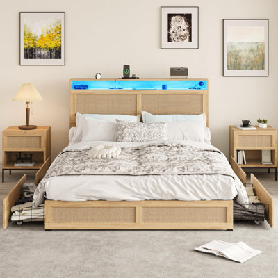 Metal and Wicker Standard Bed with Drawers