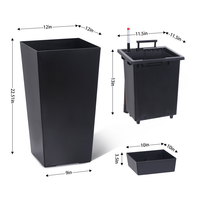 22.5" Tall  Set of 2. Outdoor＆Indoor Black  Pots. High Front Porch  Pots with Drainage Holes＆Water Level ＆Inner