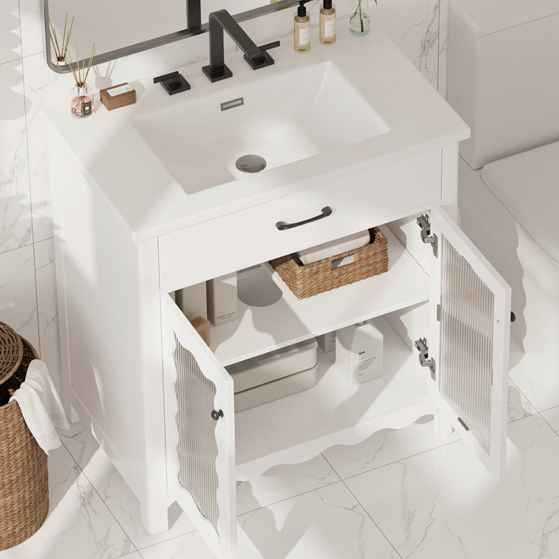 Meuble-lavabo moderne avec lavabo en céramique en verre trempé et portes à fermeture en douceur pour plus de durabilité et de style