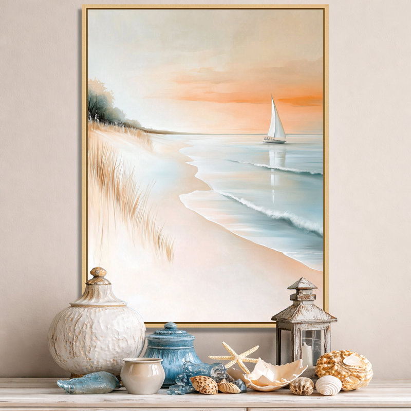 Coucher de soleil sur la voile de pêche II - Décoration murale encadrée sur le thème de la plage, H 20 po x l 12 po