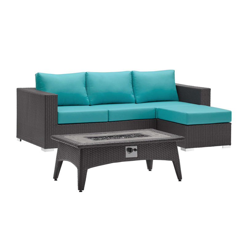 Convene 3 Piece Set Outdoor Patio with Fire Pit, Turquoise