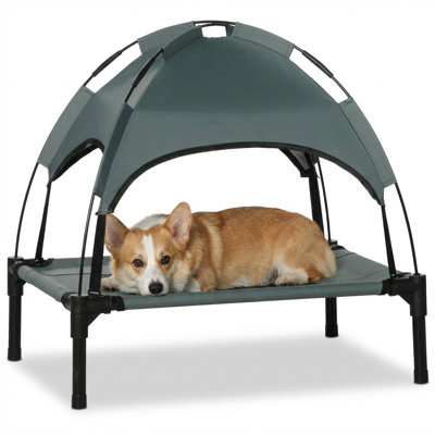 Portable elevated pet cot featuring a built-in canopy offering UV protection shade, sized at 24 inches, colored Gray.