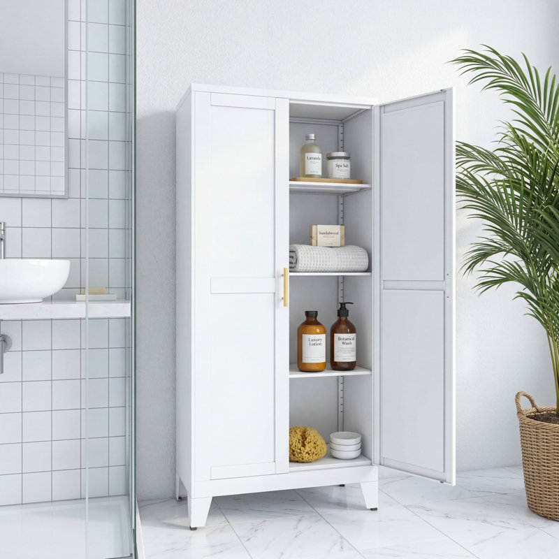 Armoire de rangement en métal à deux portes avec trois tablettes réglables; Unité de rangement multifonctionnelle convenant aux cuisines, aux buanderies et à d'autres espaces similaires.
