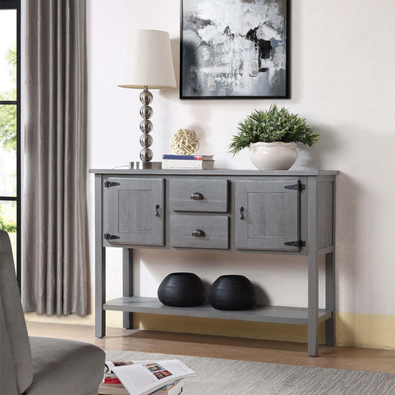 Vintage Solid Wood Storage Sideboard with 2 Drawers, Cabinets, and Bottom Shelf for Enhanced Home Organization, Antique Gray