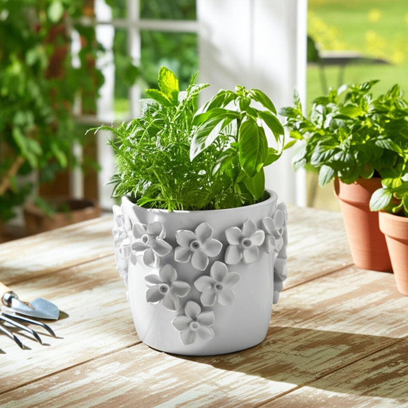Sagebrook Home 7" Floral Applique Planter, White, 7" H x 7" W x 7" D, White