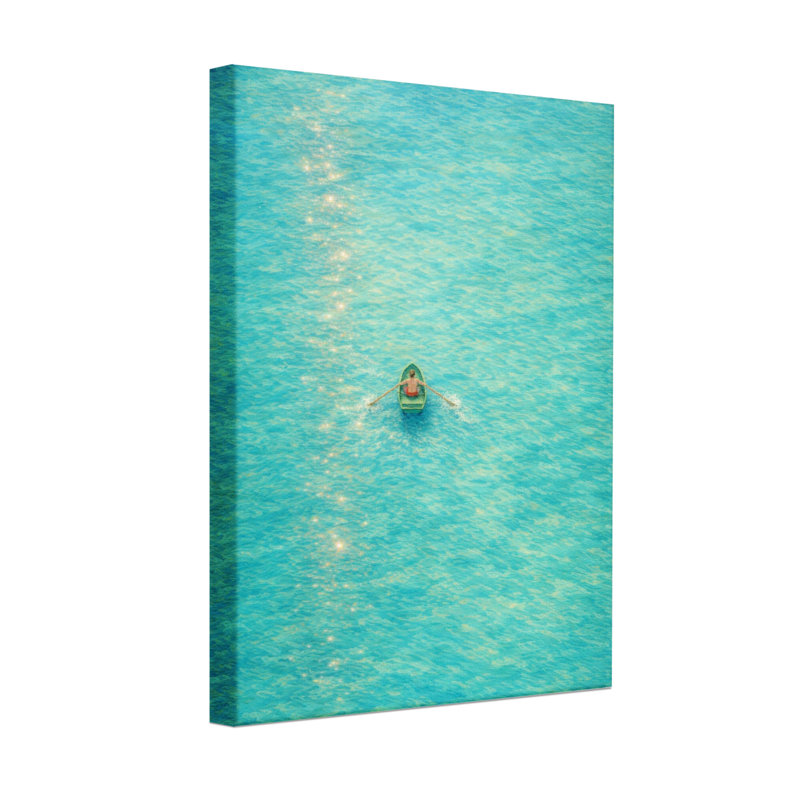 Vue aérienne de paysages urbains et pittoresques d'un bateau sur une eau turquoise, H 40 po x l 28 po