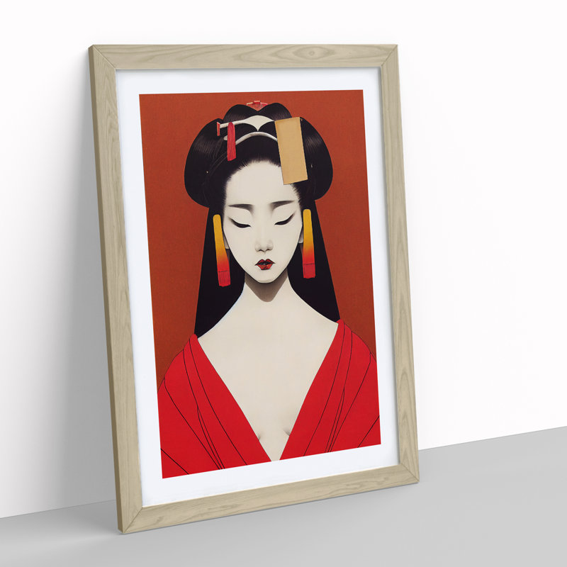 Symmetrical Geisha No.1 - Wall Art, 48cm H x 36cm W, Oak Framed Paper, White