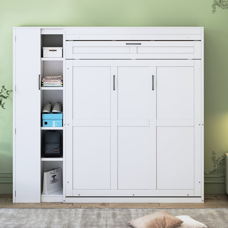 Bed With Shelves, Wardrobe, And Beaming Led Lights - Space Saving For Home Office, Guest Room, Gym White Full Size Wall Ideal Saver Office & Room Finish