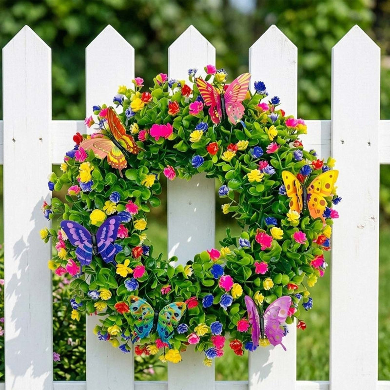 Couronne artificielle 17 po printemps été avec faux papillons