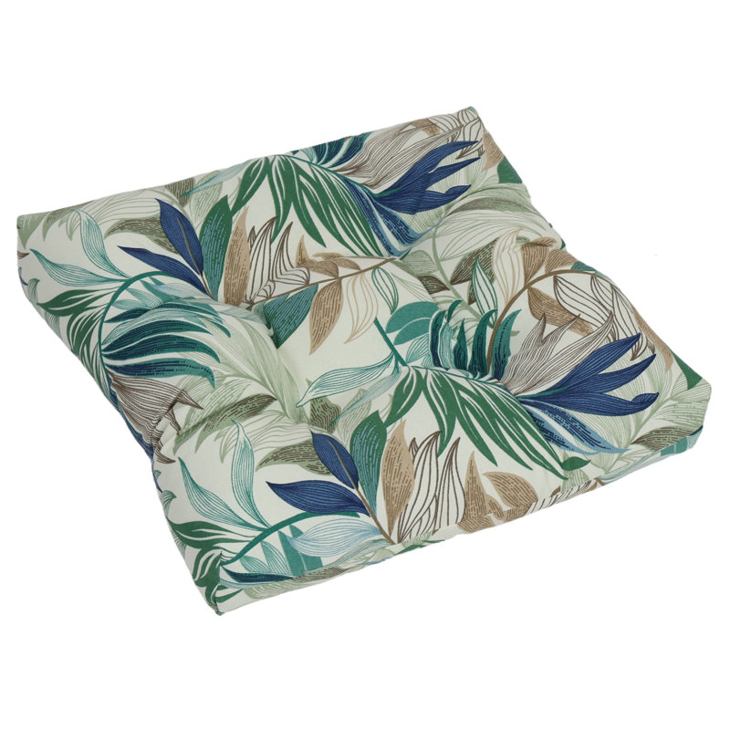 19-Inch Square Outdoor Tufted Dining Chair Cushion, Tan/Green/Oasis Chambray Floral