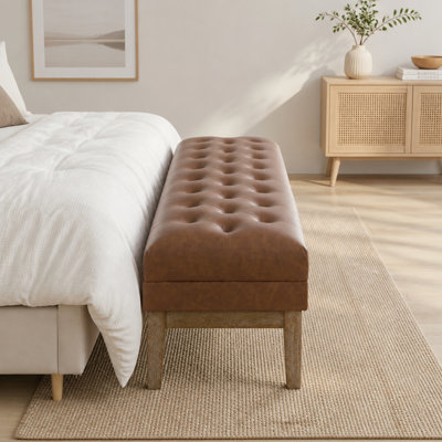 Pouf d'appoint de bout de lit en chenille rembourrée de 63 pouces de large avec pieds en bois d'hévéa à finition naturelle