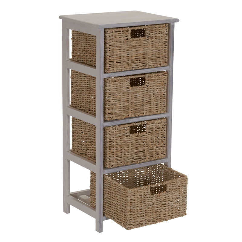 Commode de rangement avec 4 tiroirs, structure en bois massif et paniers en osier naturel