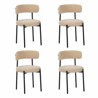 Medieval modern dining chair set, 4 pieces, round seat cushions, black metal legs, curved back kitchen dining chairs, suitable for restaurants and dining rooms
