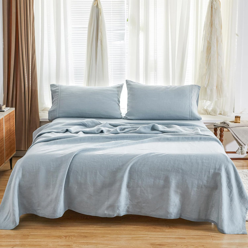 100% French Linen Sheet Set Breathable Durable For Hot Sleepers Bedding 4 Pcs - 1 Flat Sheet,1 Fitted Sheet,2 Pillowcases