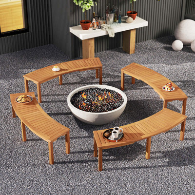 4 Pcs Outdoor Curved Bench With Slatted Seat Solid Acacia Wood For Yard