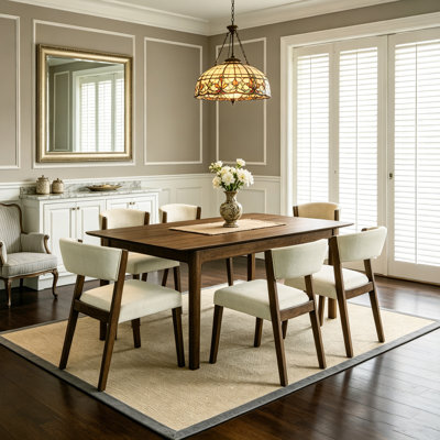 7-Piece Mid-Century Modern Dining Set, 74"W (59"+15" Leaf) Rectangular Table with 6 Upholstered Chairs, Walnut Finish