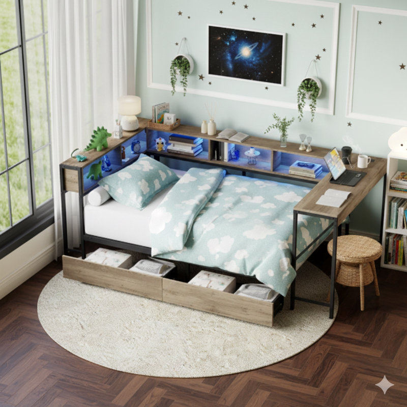 Twin-Size Corner Bed Frame Incorporating A Bookshelf And Two Under-Bed Storage Compartments, Contemporary Twin Bed With Integrated LED Lighting And Device Charging Hub, Grey