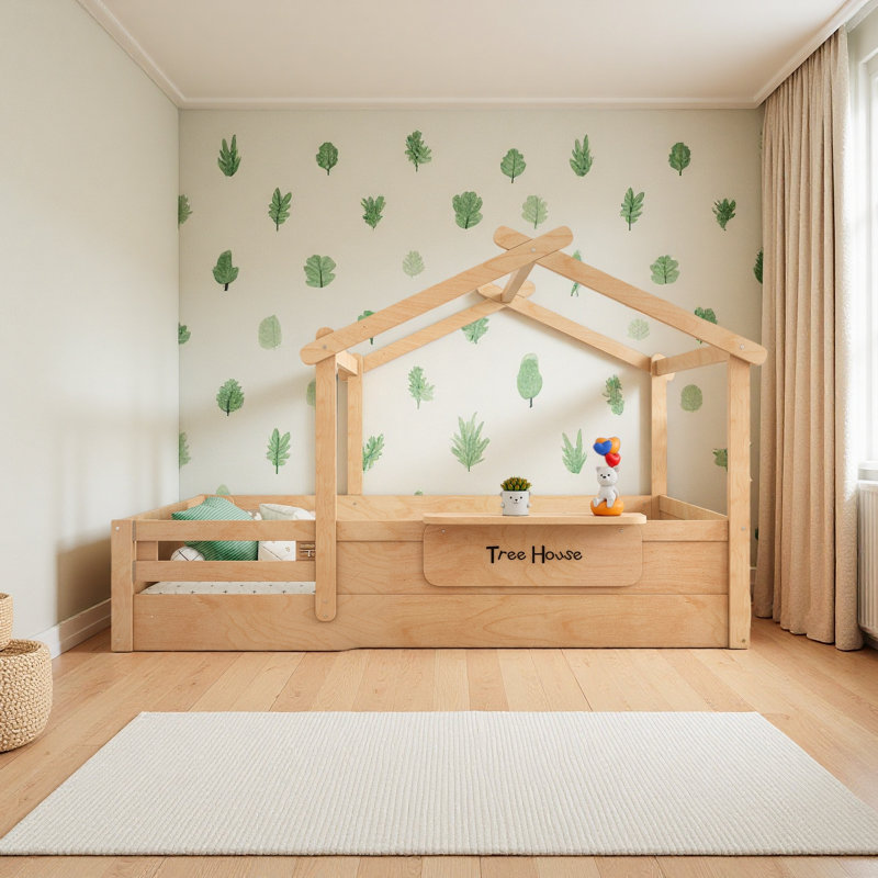 Lit de plancher avec garde-corps et toit, Naturel, Lit double