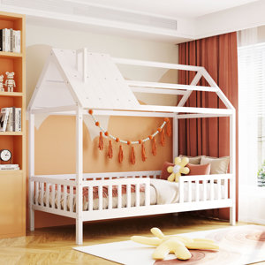 Twin Size Wood House Bed With Fence