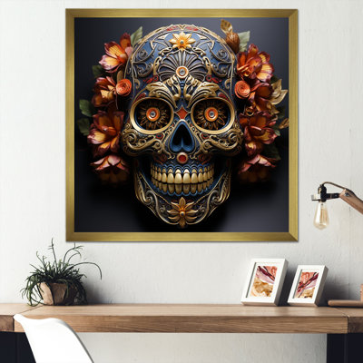 Or floral, crâne mexicain I - art mural crâne