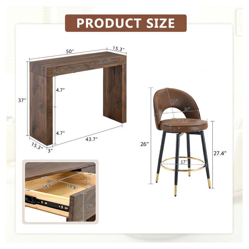 Modern Bar Table Set with 2 Drawers, Brown, 5 Pieces: Table, 4 Chairs