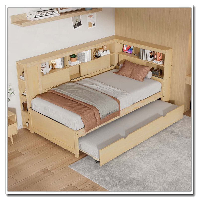 Twin Size Wood Daybed with Storage Shelves, USB and Trundle, Natural