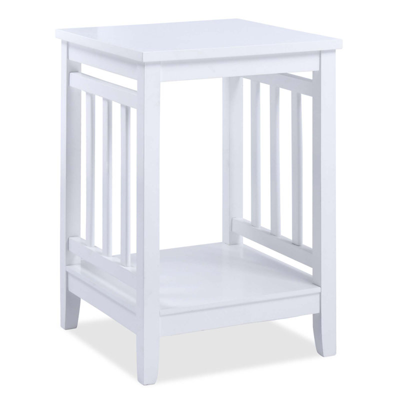 Transitional Mission Style Solid Wood Square End Table with Slatted Sides and Open Storage Shelf, White