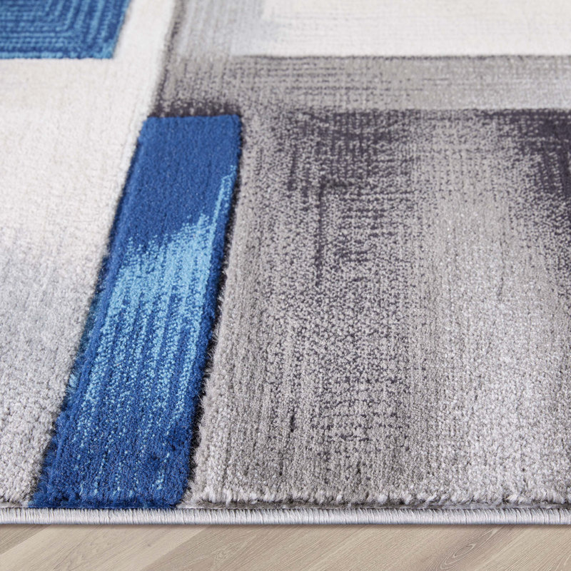 Cillan Modern Geometric Boxes 3D Textured Rug, Rectangle 9'3" x 12'6", Loom Blue