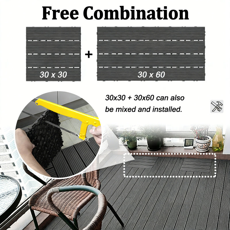 Garden Decking Tiles, WPC Plastic Terrace Tiles,  Interlocking Flooring in Wood Look, Weather-Resistant, Indoor Outdoor Drainage Balcony Flooring, 1m²