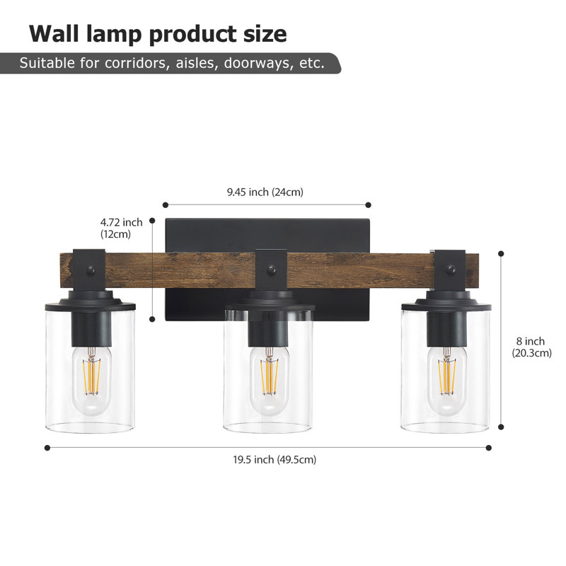 Luminaire de meuble-lavabo en bois Livi avec abat-jour en verre transparent, 3