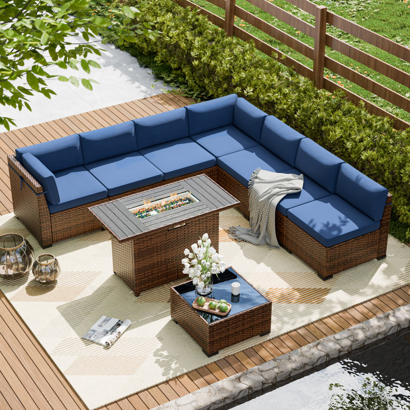 Treyshun Wicker Reversible Patio Seating Group with Cushions, Navy, Yes