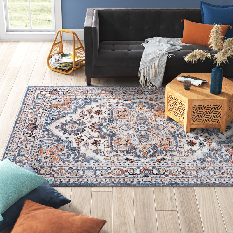 Tapis oriental en polypropylène tissé à la machine Gumm - bleu clair / blanc, Rectangle 4 pi 5 po x 6 pi 5 po