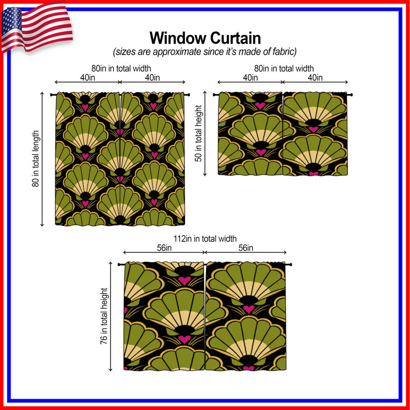 Rideaux de fenêtre Green Art Deco Shells, 80in x 82in - 2 panels, Room Darkening