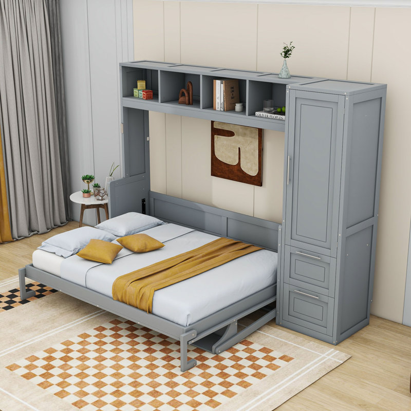 Ajae Murphy Bed with Storage Bookcase, Drawers and Wardrobe, Gray, Queen