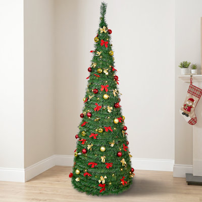 7FT Pre-Lit Pop Up Christmas Tree With Light , Red & Gold Pencil