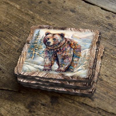 Grizzly Bear Wooden Cork Coasters Gift Set of 4 | Loon Peak