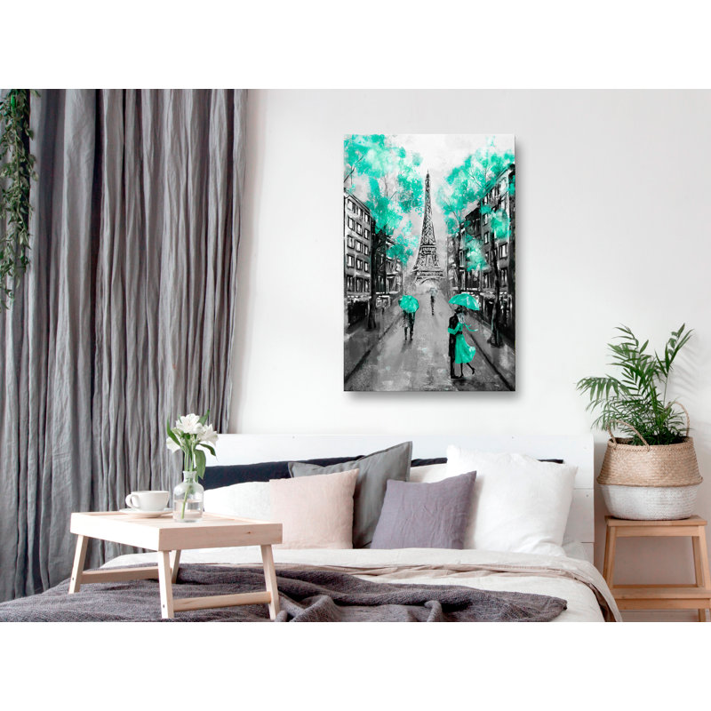 Paris Rendez-Vous - Painting on Canvas, 90cm H x 60cm W x 1.3cm D, Green/Grey