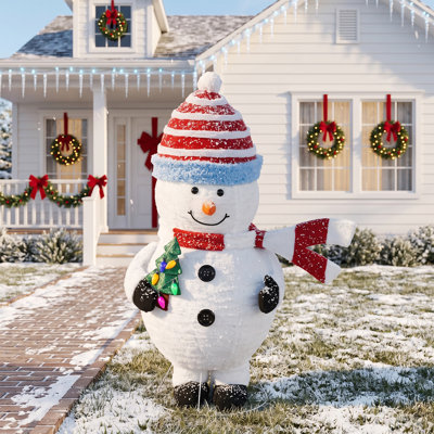 Bonhomme de neige blanc et dodu de 1,43 m avec un chapeau rayé et 120 guirlandes lumineuses blanches