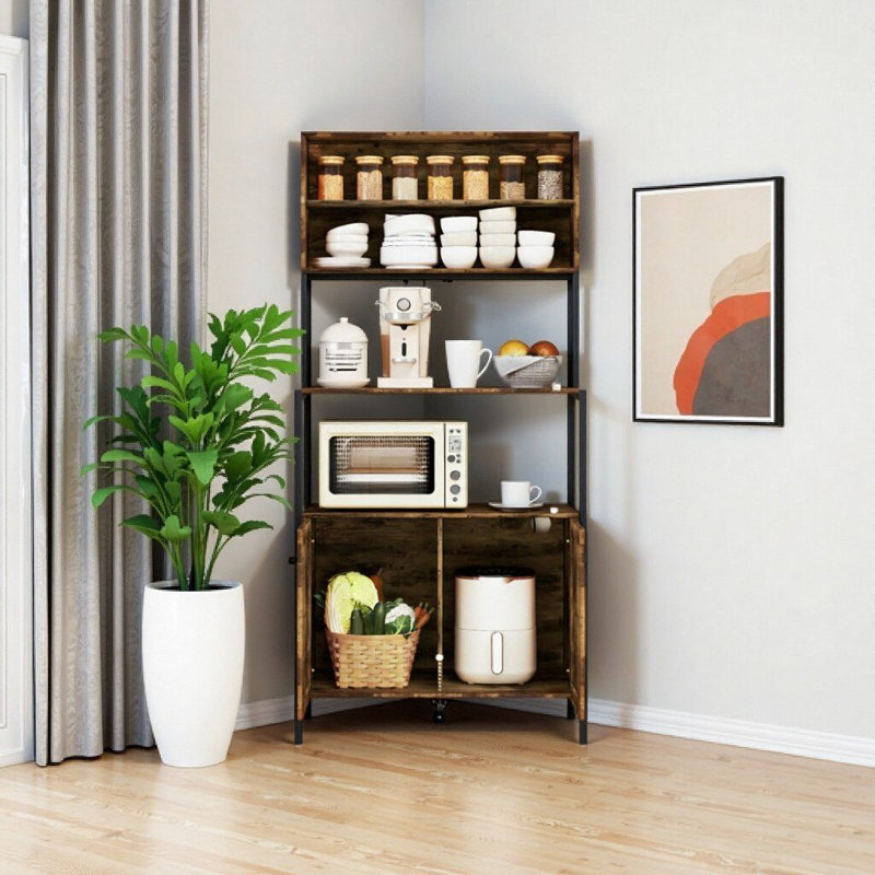 Rustic Brown Kitchen Storage Rack with Power Outlet - Baker's Rack with Shelves, Cabinets & Charging Station