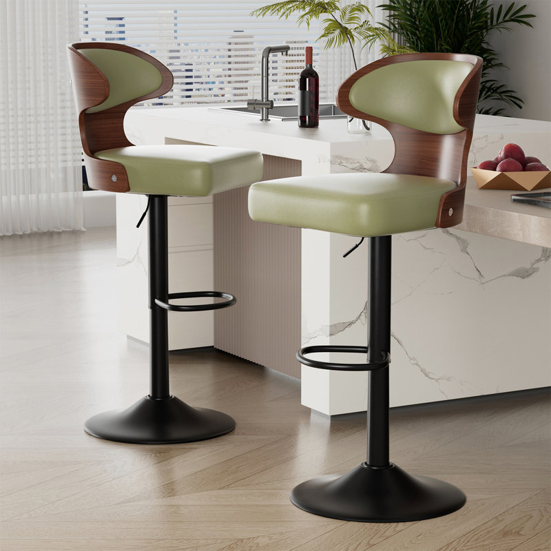 Bar Stools Set of 2 Seat Adjustable Height 62.2-85.1cm Bentwood Swivel Barstools with Back & Footrest - PU Leather Upholstered Bar Chair for Bar, Kitchen, Dining Room