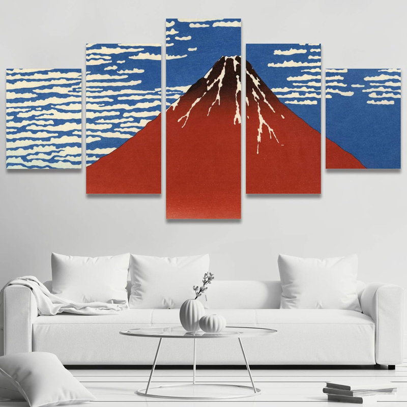 «Red Fuji» par Katsushika Hokusai, ensemble de 5 peintures abstraites sur toile
