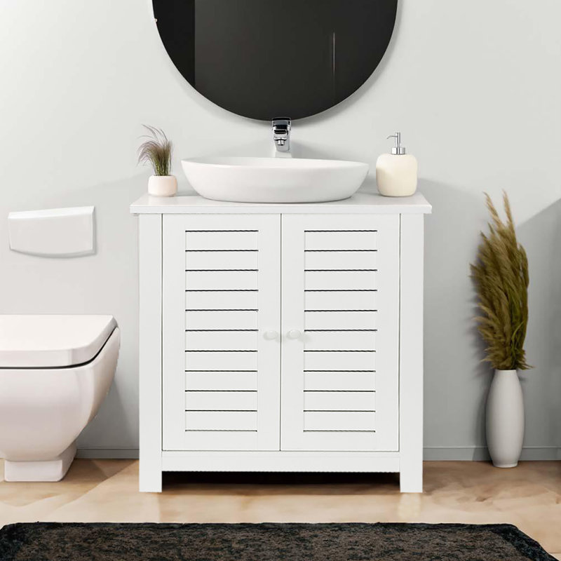 White Bathroom Vanity, Under Sink Cabinet with U-Shaped Cut-Out, Double Vented Doors, Space-Saving Design for Modern Bathrooms, Santorin Collection