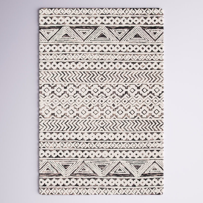 Tapis ivoire / gris en laine / coton touffeté à la main Ramona, Rectangle 4 pi x 6 pi