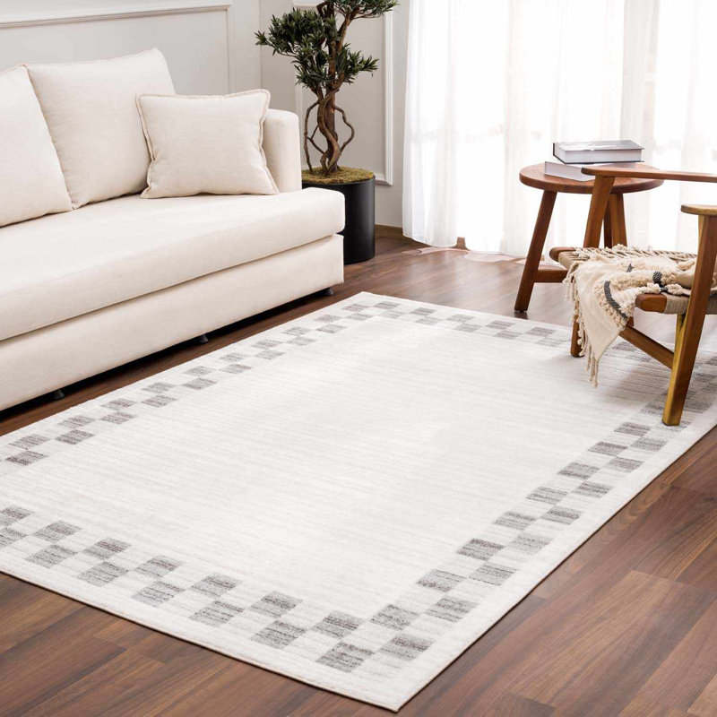 Bakersfield Machine Washable Modern Geometric Bordered Gray Area Rug, Rectangle 7'10" x 10'