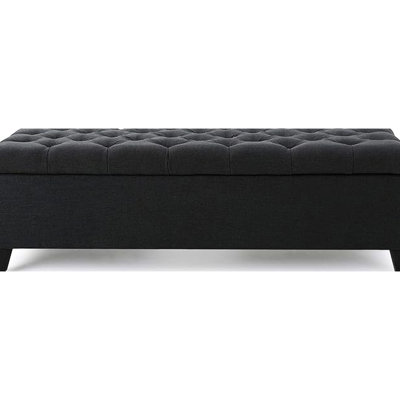 Gris foncé contemporain avec texture de boutons et coutures en losanges, l 52,48 po x P 17,82 po, H 16,84 po, bois de bouleau et tissu gris, largeur, profondeur, hauteur, capitonnage